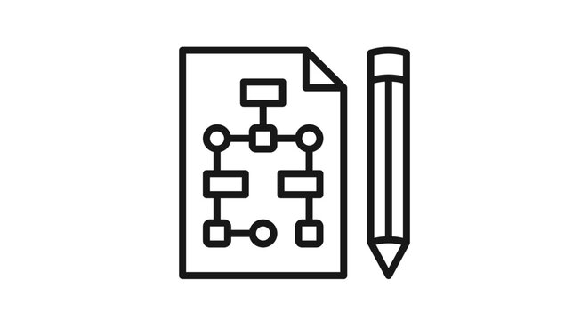 Minimalist black line vector icon illustration of a paper document featuring a complex flowchart diagram next to a pencil, symbolizing planning, strategy, workflow, and project management.