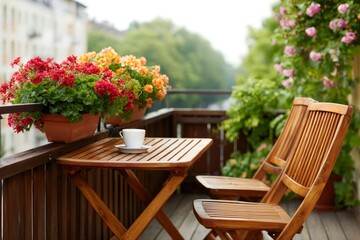 Obraz premium Balcony setup with coffee cup and blooming flowers