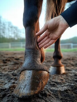close-up of a muddy horse hoof and lower leg with a gentle human hand touching the fetlock conveying care and trust in a paddock