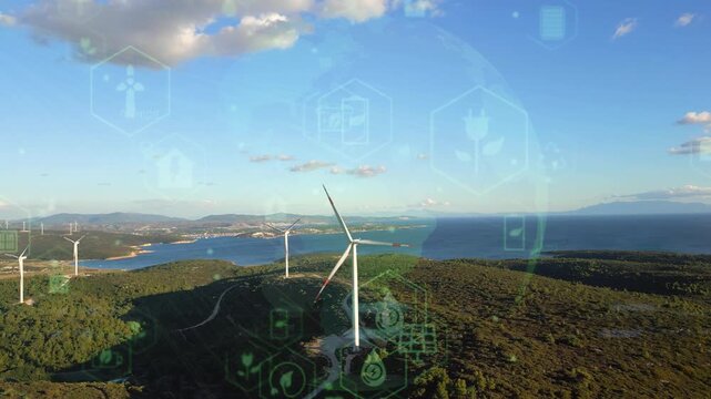 Coastal Wind Turbines Renewable Energy Overlay Above Shoreline With Waves In Distance Showing Planning Studies