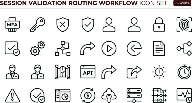 Session validation routing workflow outline icon set with authentication security verification symbols for dashboards apps presentations web interface systems