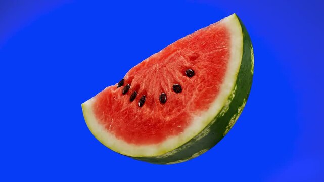 A refreshing slice of juicy red watermelon with black seeds isolated against a solid blue background. This 3D render is perfect for food advertising, healthy diet content, and summer-themed projects.