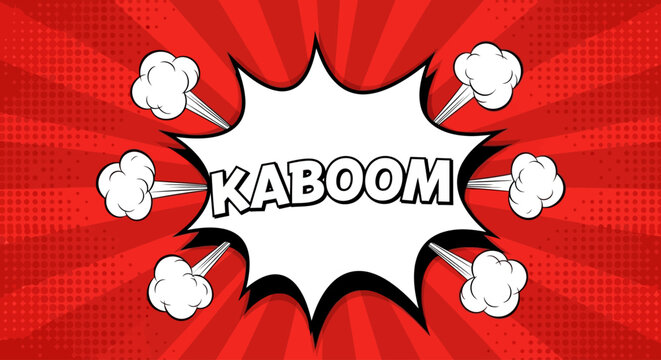 A comic book style explosion with the word KABOOM in bold letters surrounded by white clouds on a red background