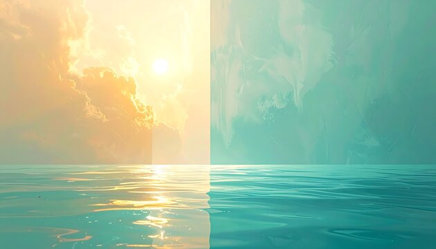 A serene seascape divided into contrasting warm and cool tones