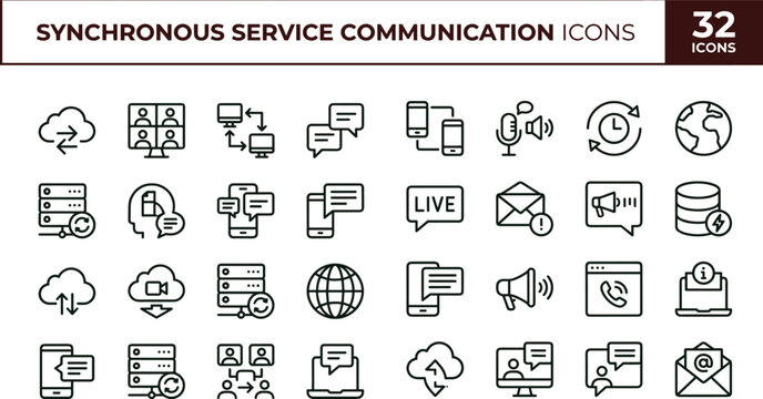 Synchronous service communication outline icon set real time messaging API interaction microservices collaboration workflow vector icons
