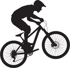Fototapeta premium Mountain bike rider silhouette performing downhill stunt with full face helmet on mountain bicycle