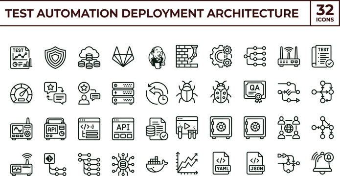 Test automation deployment architecture outline icon set CI CD QA pipeline DevOps API testing infrastructure vector icons