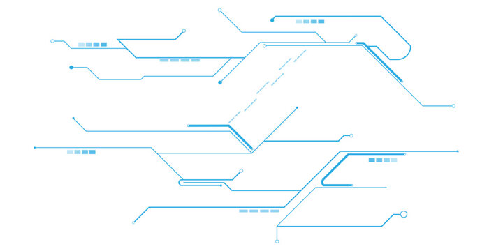 Abstract blue circuit board lines and nodes on a white background