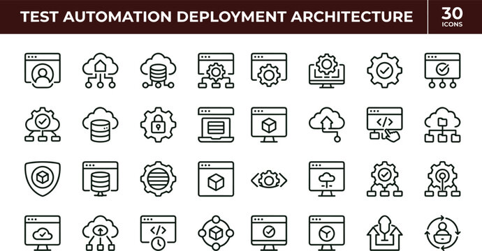 Test automation deployment architecture outline icon set cloud CI CD pipeline QA infrastructure DevOps deployment workflow vector icons