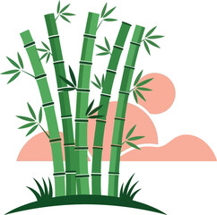 Fototapeta premium A serene illustration depicts vibrant green bamboo stalks against a backdrop of a soft pink setting sun creating a peaceful scene