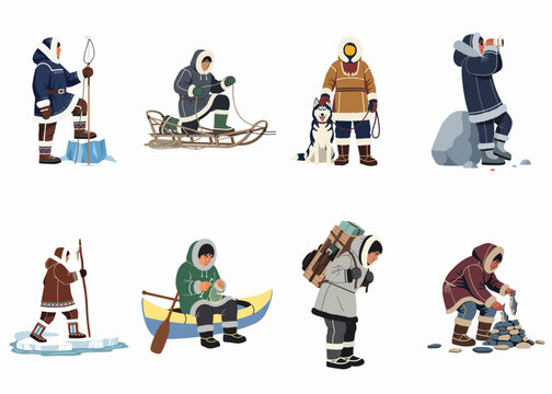 Illustration Set of Indigenous Arctic People Engaging in Traditional Daily Activities Like Hunting, Fishing, and Sledding in Cold Winter Conditions