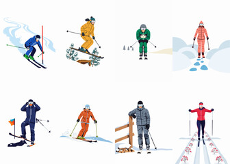 Fototapeta premium Vector illustration collection of diverse people engaged in various skiing activities including downhill, jumping, and cross-country skiing in a winter setting.