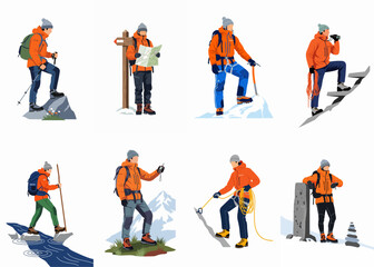 Fototapeta premium Set of hikers and mountaineers in various outdoor activities including climbing, navigating with maps and GPS, and trekking across different terrains.