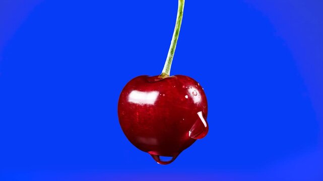 A single glossy red cherry with a green stem isolated against a bright blue background. This high-quality 3D asset is suitable for culinary design, food marketing, and beverage promotions.