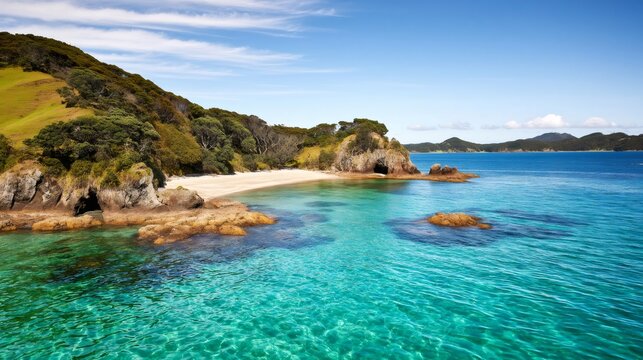 Bay of islands clear turquoise water and lush coastal landscape