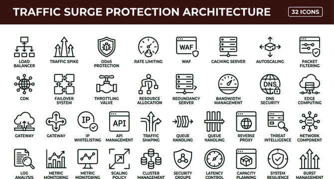 Traffic surge protection architecture outline icon set DDoS mitigation load balancer autoscaling WAF CDN security infrastructure vector symbols