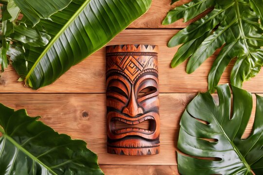 Carved tiki mask with tropical leaves on wood
