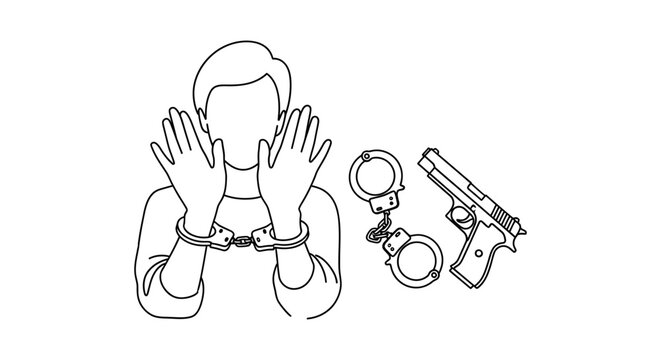 Criminal arrested with handcuffs gun and raised hands illustration