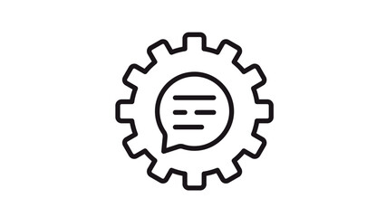 Minimalist black line vector icon of a gear cogwheel containing a speech bubble with text lines, representing technical support, customer service chat, automated messaging, or communication settings. © TaslimaAkther