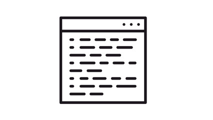 Minimalist black vector icon illustration of a browser window or code editor with lines of programming script, representing web development, software engineering, and digital technology. © TaslimaAkther