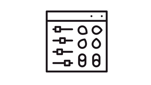 Black vector icon of a software settings window with adjustment sliders, radio buttons, and toggle switches, representing configuration, customization, and user interface design concepts.