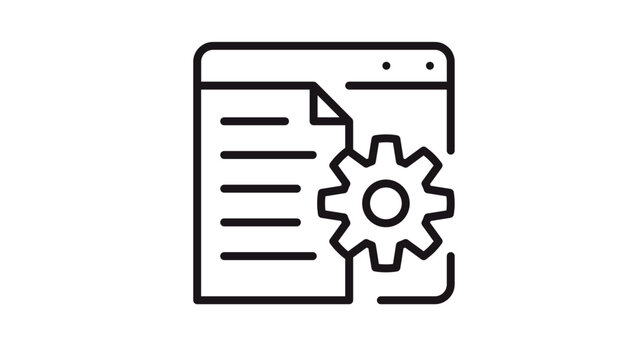 Black vector icon illustration of a web browser window with a document and a gear cogwheel, representing software configuration, technical settings, file management, and system optimization.