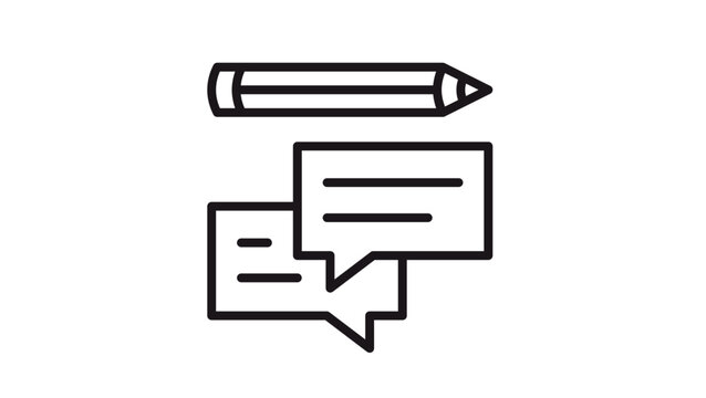 Minimalist black line vector icon of a pencil and speech bubbles representing creative writing, blogging, content creation, copywriting, and collaborative communication on a white background.