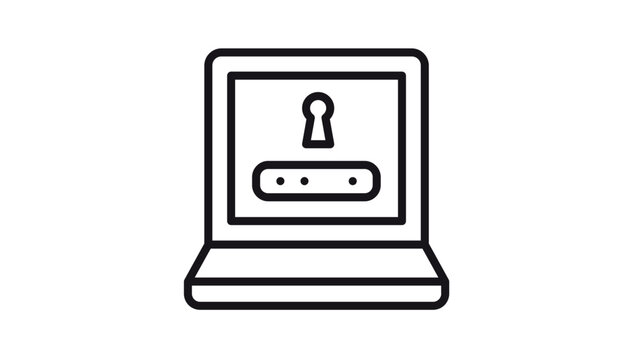 Black line art vector icon of a laptop computer with a keyhole and password input field on the screen, symbolizing digital security, cyber protection, data privacy, and secure login access.