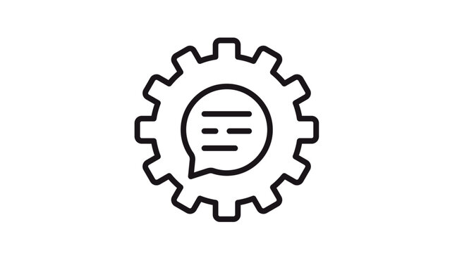 Minimalist black line vector icon of a gear cogwheel containing a speech bubble with text lines, representing technical support, customer service chat, automated messaging, or communication settings.