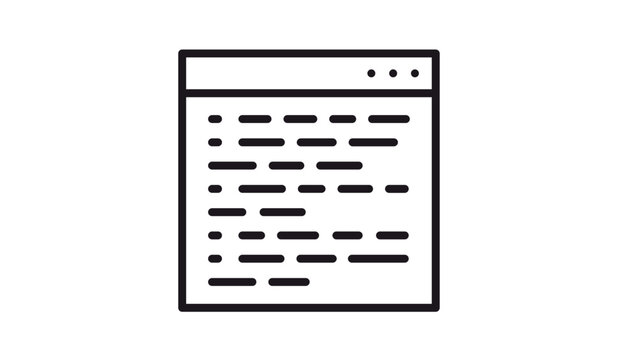 Minimalist black vector icon illustration of a browser window or code editor with lines of programming script, representing web development, software engineering, and digital technology.