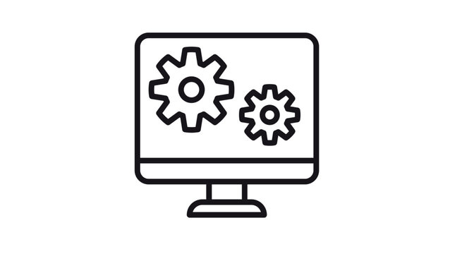Minimalist black line vector icon of a computer monitor with two interlocking gears on the screen, representing software configuration, technical settings, digital processing, and automation.