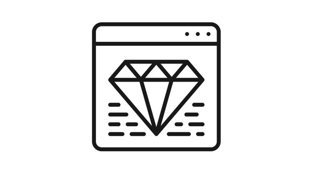 Black line art vector icon of a web browser window featuring a large diamond gemstone symbol and abstract text lines, representing premium web content, high-quality website design, or luxury services.