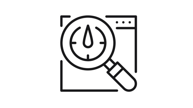 Black vector icon illustration of a magnifying glass over a speedometer gauge on a web browser window, representing website performance analysis, SEO audit, speed test, and data monitoring.