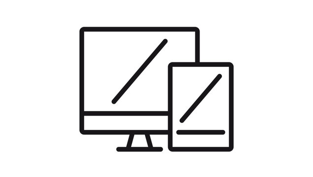 Minimalist black vector icon illustration of a computer monitor and a tablet device, representing responsive web design, multi-platform technology, and digital display screens isolated on white.