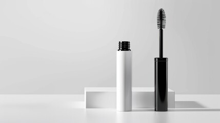 Obraz premium A minimalist display of a black mascara tube and a white mascara tube on a clean surface. The background is light and simple, emphasizing the products.