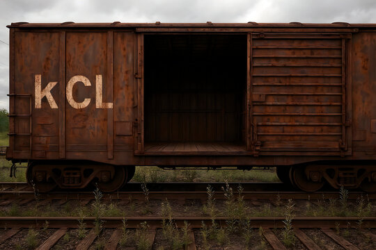 An old railway freight car with a wide-open door.