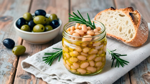 Glass jar of cooked cannellini beans in olive oil with rosemary on farmhouse table with bread and olives