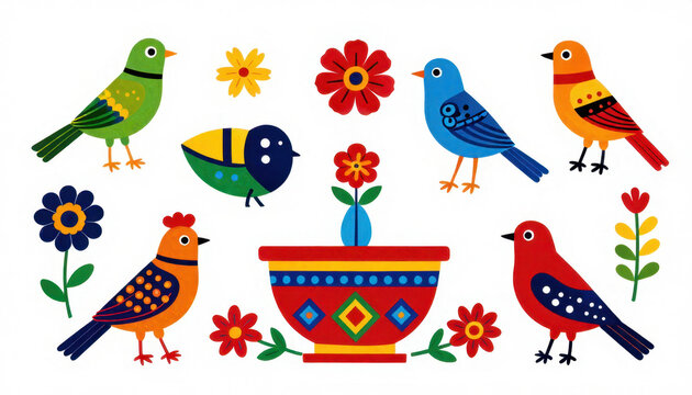 Colorful folk art birds and flowers on transparent background