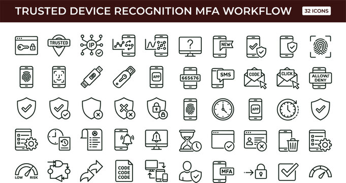 Trusted device recognition MFA workflow outline icon set adaptive authentication secure login device verification vector symbols