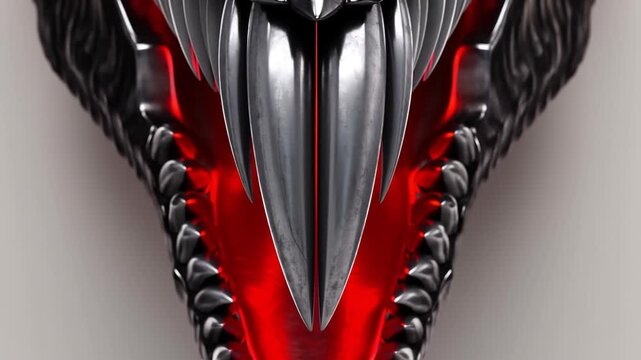 Metallic monster jaw opening as a danger concept for security video.