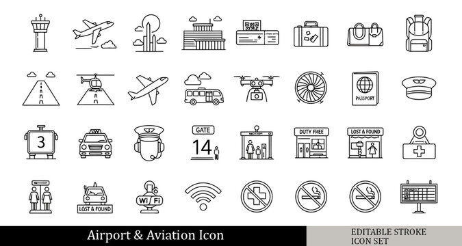 black and white airport aviation icon set, airplane takeoff, airport terminal, boarding pass, luggage baggage icons, outline vector icons, isolated on white background, simple line .Editable stroke.