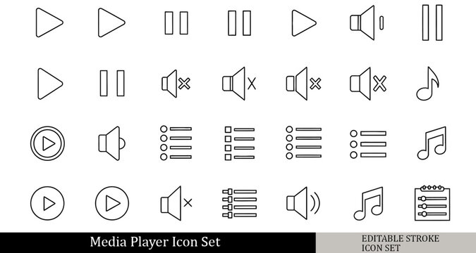 black and white media player icon set, play button, pause symbol, volume speaker, playlist icons, outline vector icons, isolated on white background, simple line style, 30 icons pack.Editable stroke.