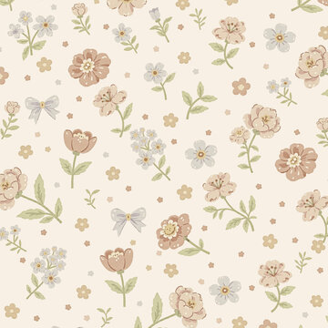 Collection of elegant vintage and ditsy floral seamless patterns in soft muted tones