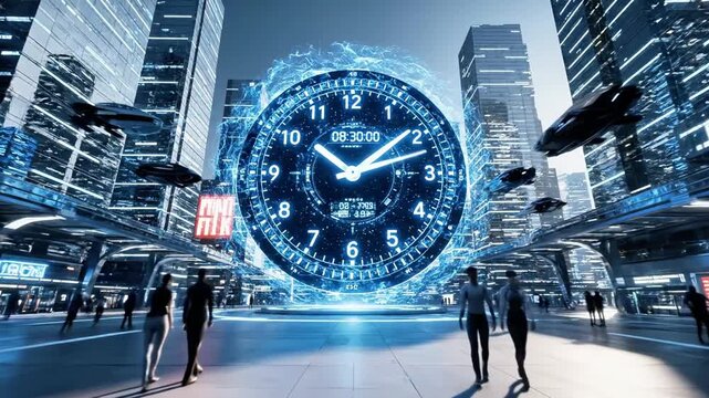 A futuristic cityscape with a large blue clock in the center surrounded by sleek skyscrapers and busy pedestrians