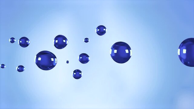 A beautiful 3D abstract layout showcasing deep blue shiny liquid spheres and bubbles levitating gracefully over a bright white and soft blue studio gradient backdrop. Perfect for medical science visua