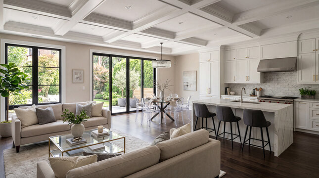 Modern open-concept living and kitchen area with elegant coffered ceiling