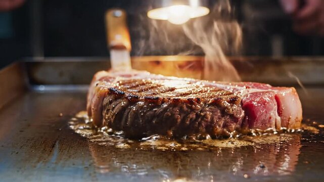 Close-up shot of a sizzling ribeye steak cooking on a hot griddle in a professional restaurant kitchen setting