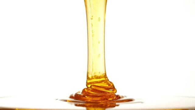 Close-up shot of golden honey flowing slowly, viscous and syrupy, forming a small pool below, isolated on white