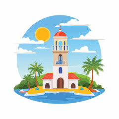 Obraz premium Coastal lighthouse on island with palm trees and sunlight illustration