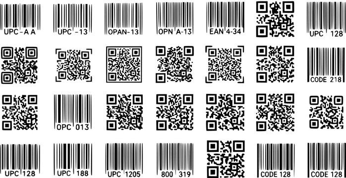 Diverse Collection of Barcodes and QR Codes in Black and White Line Art for Technology and Retail